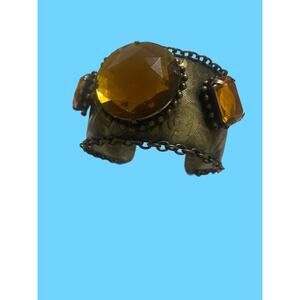 Vintage Gold Tone Amber Gemstone Wide Cuff Bracelet Etched Floral